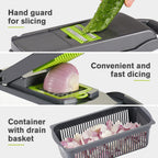 KEOUKE Vegetable Chopper Mandoline Slicer Grey - 12 in 1 Interchangeable Blades Food Chopper with Container, Hand Guard & Drainer, Veggie Dicer Kitchen Gadget for Onion, Cucumber, Tomato, Fruit
