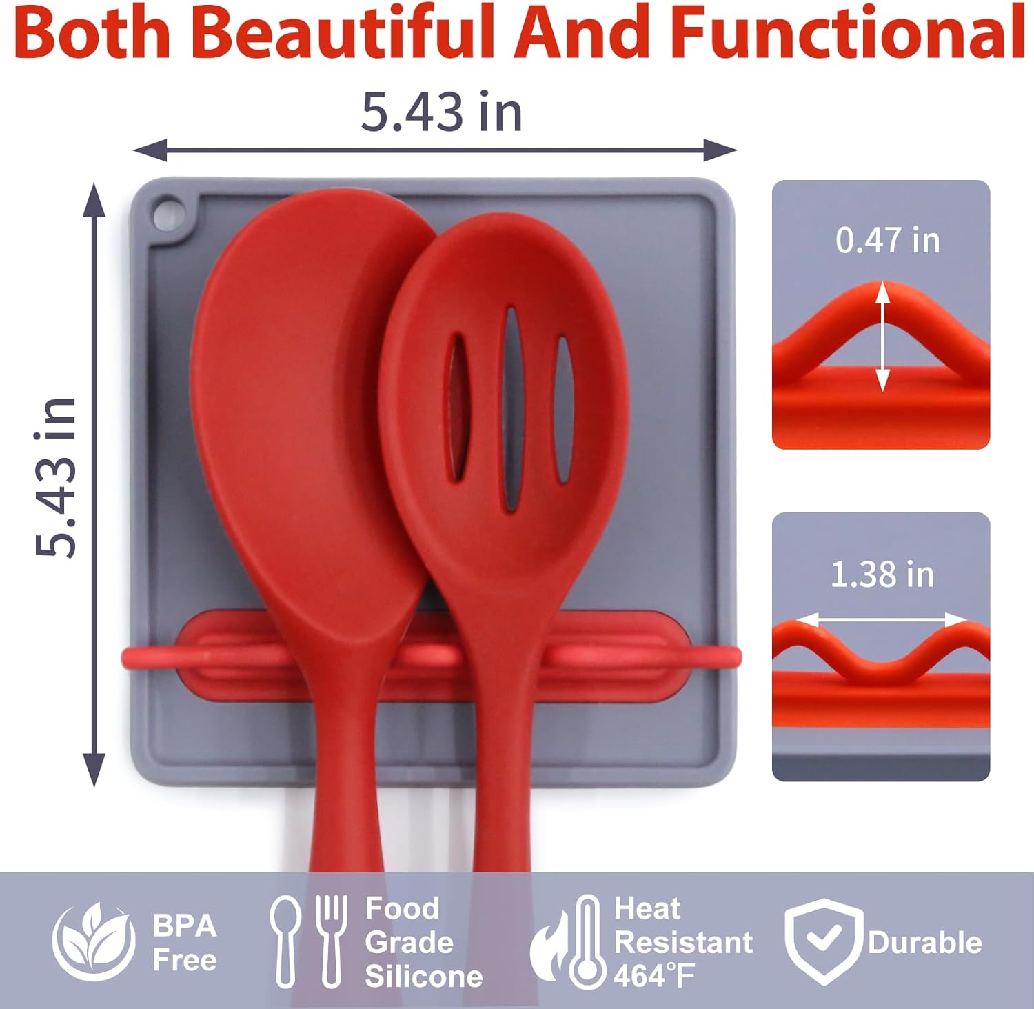 Silicone Spoon Rest for Stove Top, Non-Slip and Heat-Resistant, BPA-Free Kitchen Spoon Rest for Spoons and Ladles, Gray + Red