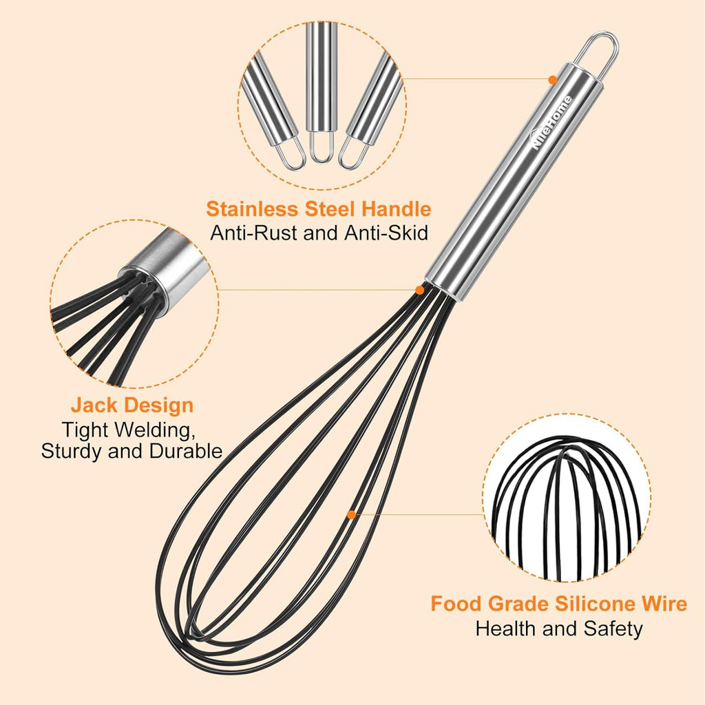 NileHome Whisk Commercial Whisks Stainless Steel & Silicone Non-Stick Coated Small Whisk Set 8" 10" 12" Kitchen Wisk Wire Whisks for Cooking 3 Pack, Black