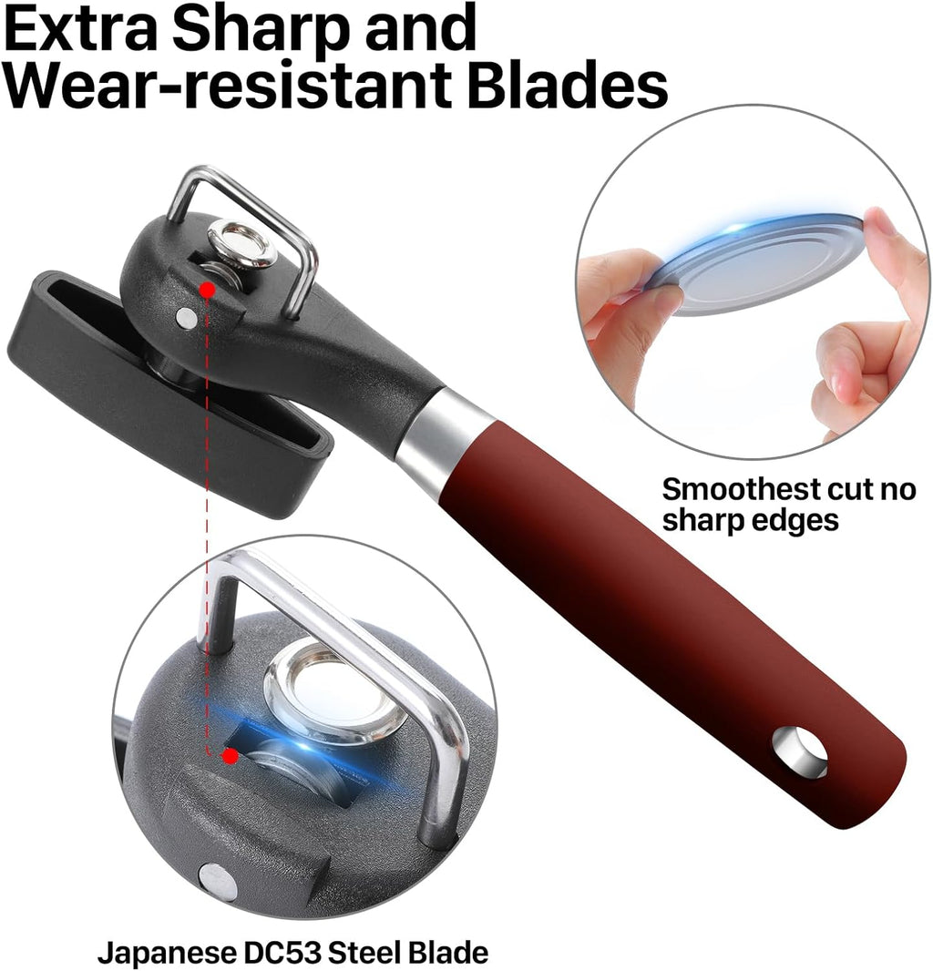 Beneno Can Opener, Manual Side Safe Cut Can Opener Smooth Edge with Durable Sharp Blade, Effort-Saving Knob & Comfortable Non-slip Handle, Red
