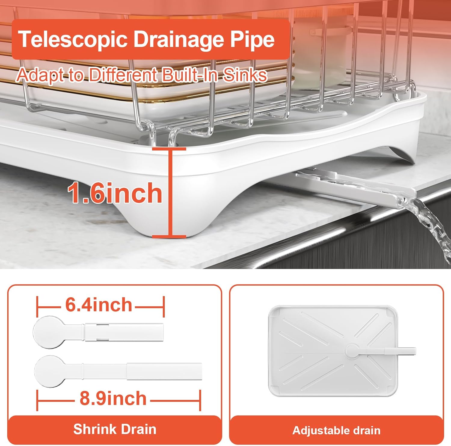 Dish Drying Rack - 304 Stainless Steel Dish Rack with Utensil Holder & Adjustable Spout, Space-Saving Organizer, Large Capacity for Bowls, Dish Drainer with Drainboard, White