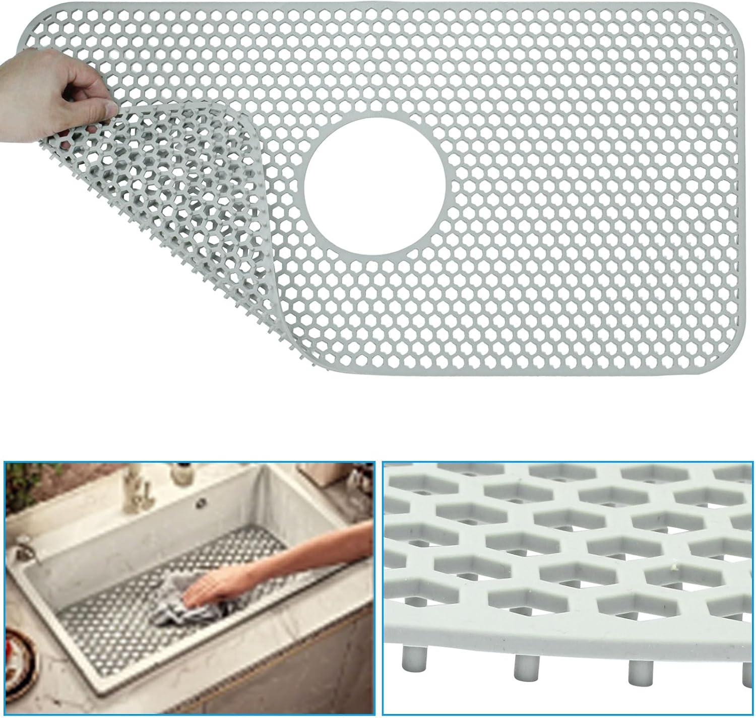 1 Pack Silicone Sink Mat, Center Drain Non-slip Sink Protectors Large Kitchen, Heat Resistant Mat Liner for Farmhouse Stainless Steel Porcelain Bottom