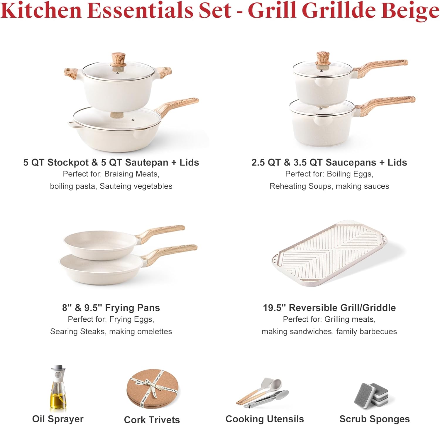 Caannasweis 20Pcs Cookware Sets, Nonstick Pots and Pans Set, Granite Induction Cookware, Non Stick Kitchen Cooking Set, Grayish White Grill Griddle Set, PFOS PFOA Free