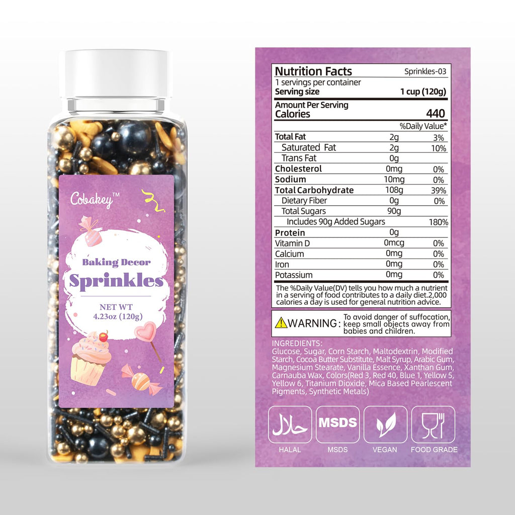Royal Crown Black and Gold Sprinkles for Cake Decorating 4.23ounce - Sugar Mix Contains Jimmies & Pearl Sprinkles for Cupcake Toppers, Ice Cream, Candy, Cookie Decorations - Holiday Party Supplies