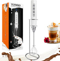 YUSWKO White Handheld Milk Frother Wand with Stand for Coffee, Rechargeable Electric Whisk with 3 Heads 3 Speeds Drink Mixer Coffee Frother For Latte, Cappuccino, Hot Chocolate, Egg