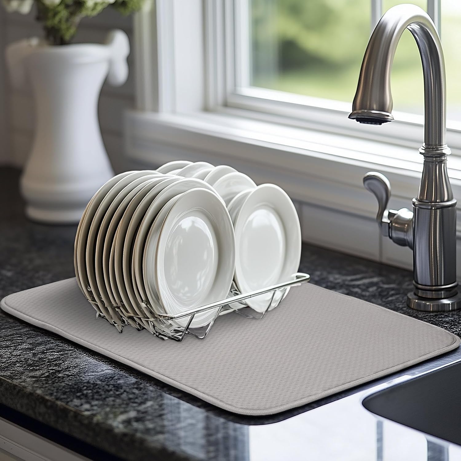 Light Gray Dish Drying Mats 17” x 24” – XXL Kitchen Drying Mat for Counter, Super Absorbent Microfiber Dish Rack Mat, Foldable Drying Pad for Dishes, Pots, Pans – Dish Drainer Mat
