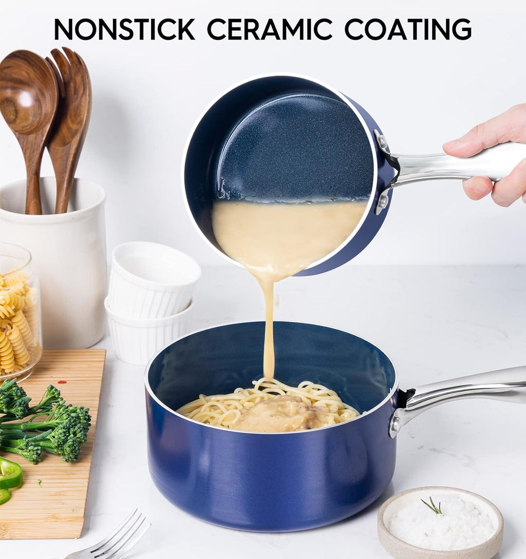 MICHELANGELO 1 Quart Saucepan with Lid, Nonstick Ceramic Sauce Pan with Stainless Steel Handle, 1 Qt Saucepan with Lid Oven Safe, Blue