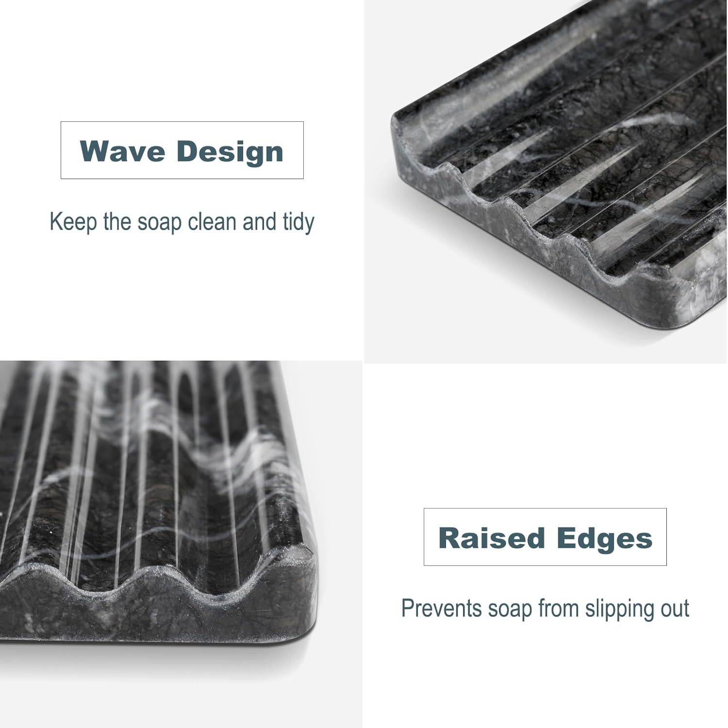 Marble Soap Dish, Bar Soap Holder Shower, Black Soaps Bathroom Saver with Water Ripple Design, Easy Cleaning Natural Stone Sponge Holder for Kitchen Sink, Executive Jewelry Ring Tray