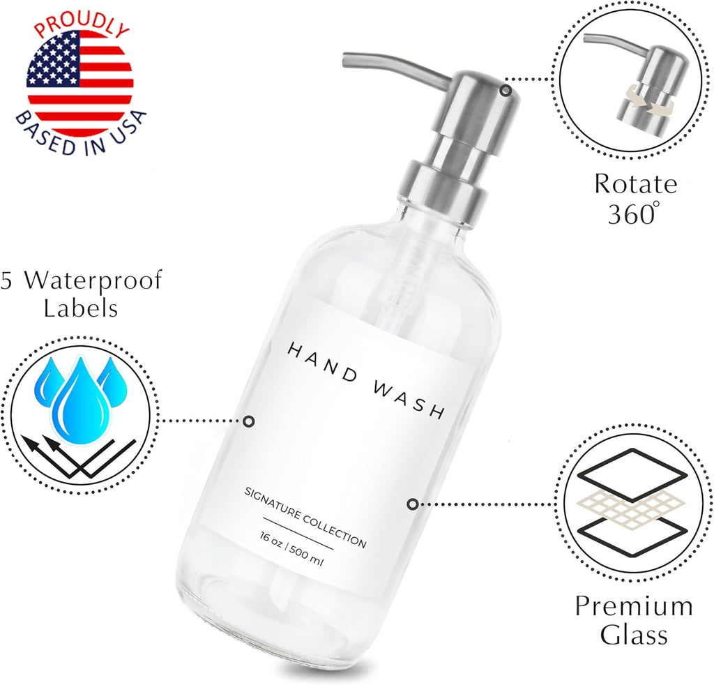 Emerson Essentials Soap Dispenser for Kitchen, Dish Dispenser for Kitchen, Bathroom Hands Set, Glass Bottles with Pump and Labels - 16 Oz, 2 Pack