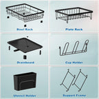 2 Tiers Dish Drying Rack, Space-Saving Dish Racks for Kitchen Counter, Dish Drainer Drying Rack with Drainboard, Utensil Holder Cups Holder Plate Rack and Automatic Drainage Drainboard, Black