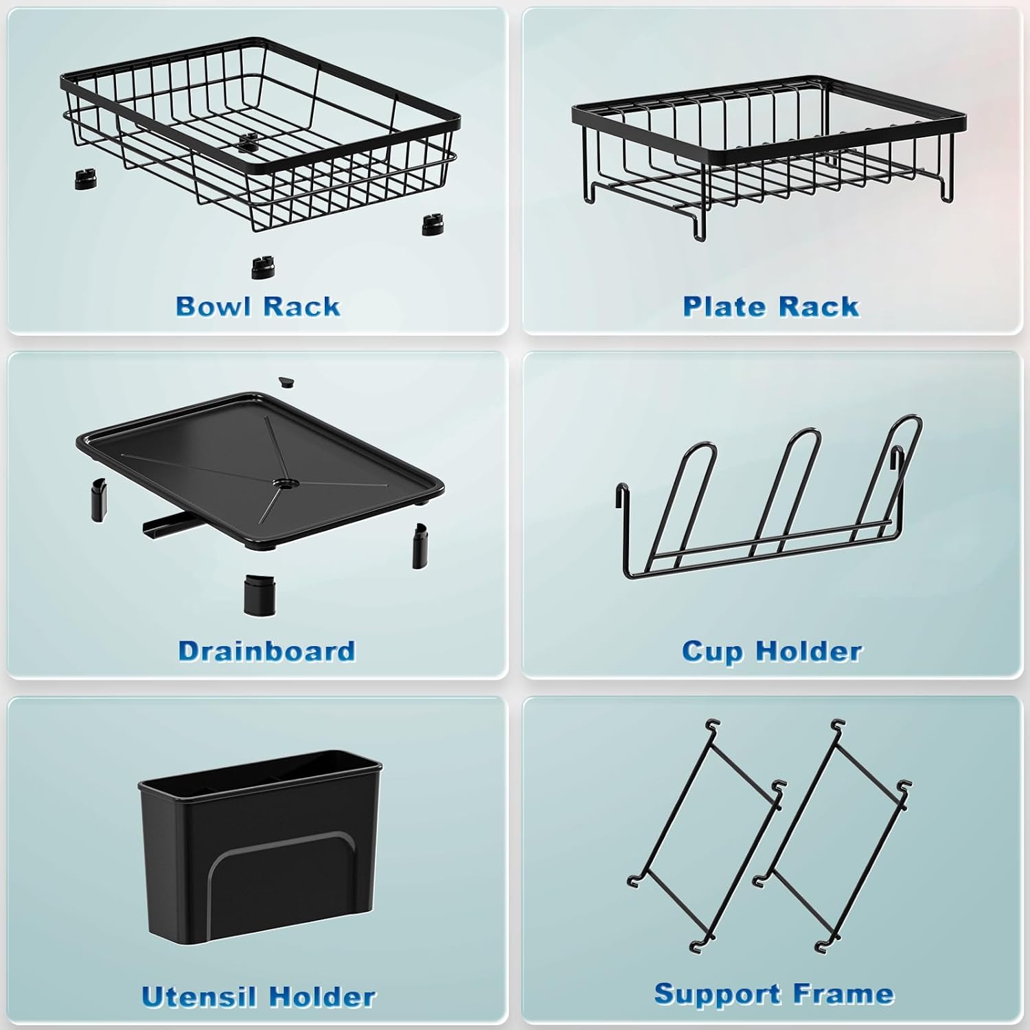 2 Tiers Dish Drying Rack, Space-Saving Dish Racks for Kitchen Counter, Dish Drainer Drying Rack with Drainboard, Utensil Holder Cups Holder Plate Rack and Automatic Drainage Drainboard, Black