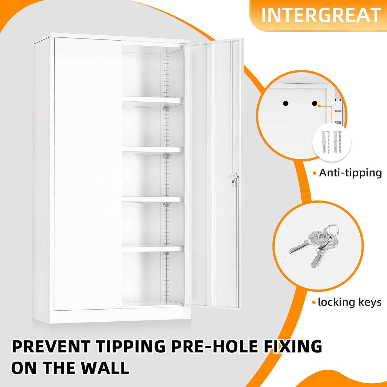INTERGREAT Storage Cabinet, 72” Steel Locking Closet with Doors and 4 Adjustable Shelves, Tool Unit for Home Office, Garage & Tall Lockable File Cabinet, White.