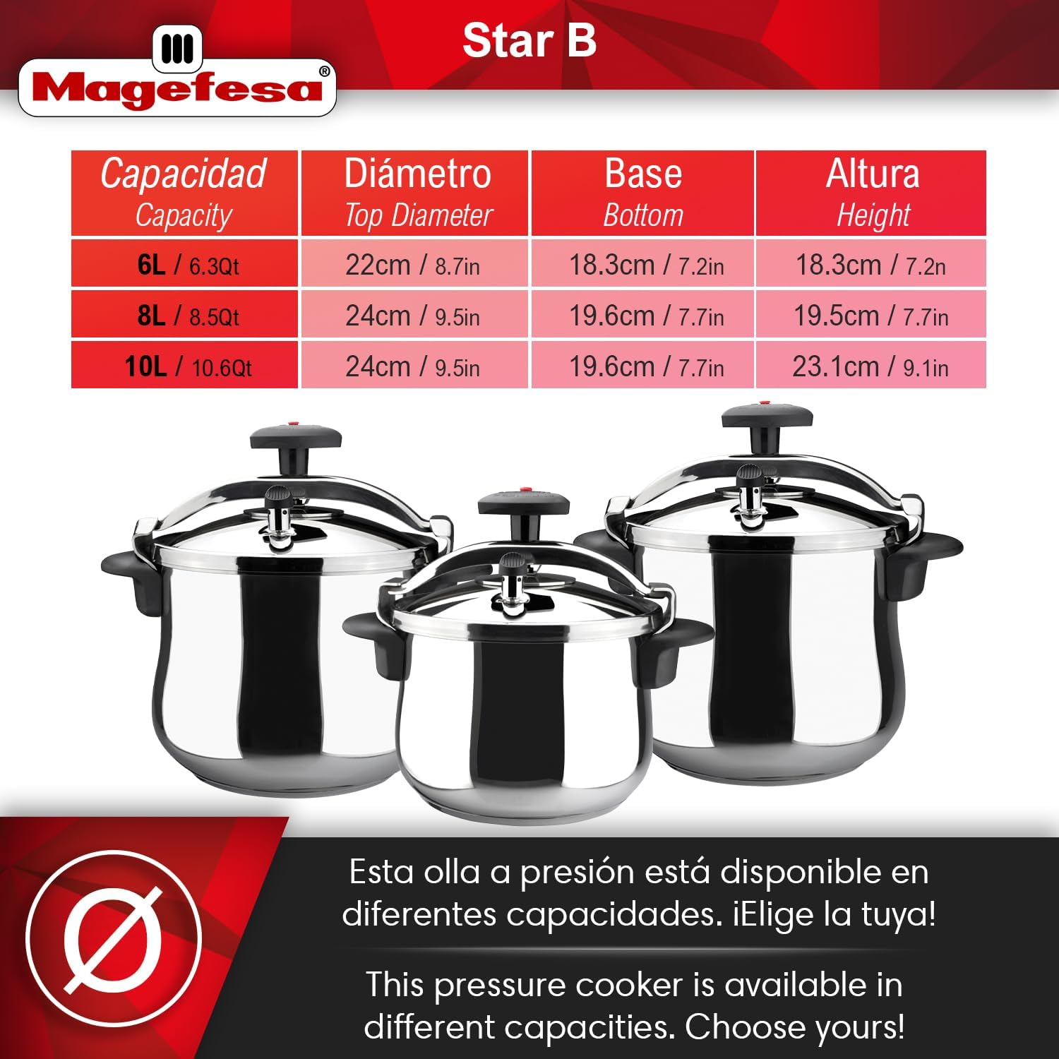 MAGEFESA Star Belly Pressure Cooker 6.3 Qt – 18/10 Stainless Steel, Rounded Bottom, 3 Safety Systems, Works on All Stovetops Including Induction, 8 PSI