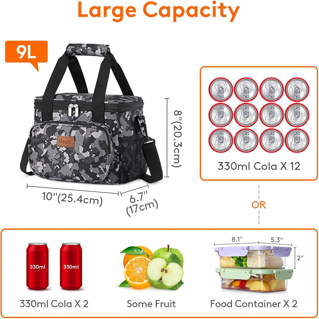 Lifewit Medium Lunch Bag Insulated Lunch Box Soft Cooler Cooling Tote for Adult Men Women, Black Camo 12-Can (9L)