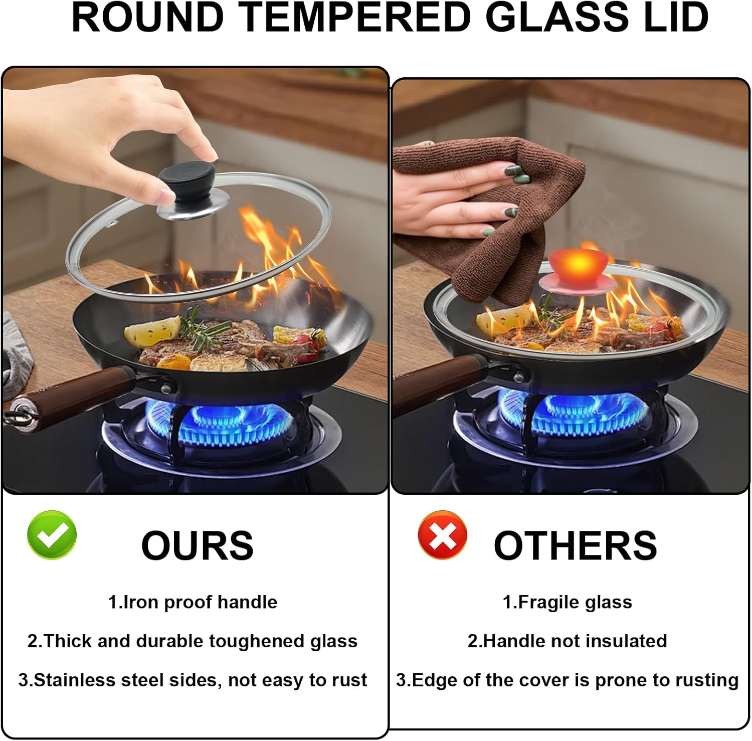 Glass Lid for Frying Pan 8 Inch Tempered Glass Pot Lid Cover with Stainless Steel Rim for 8 Inch Frying Pan Wok Pot Skillet