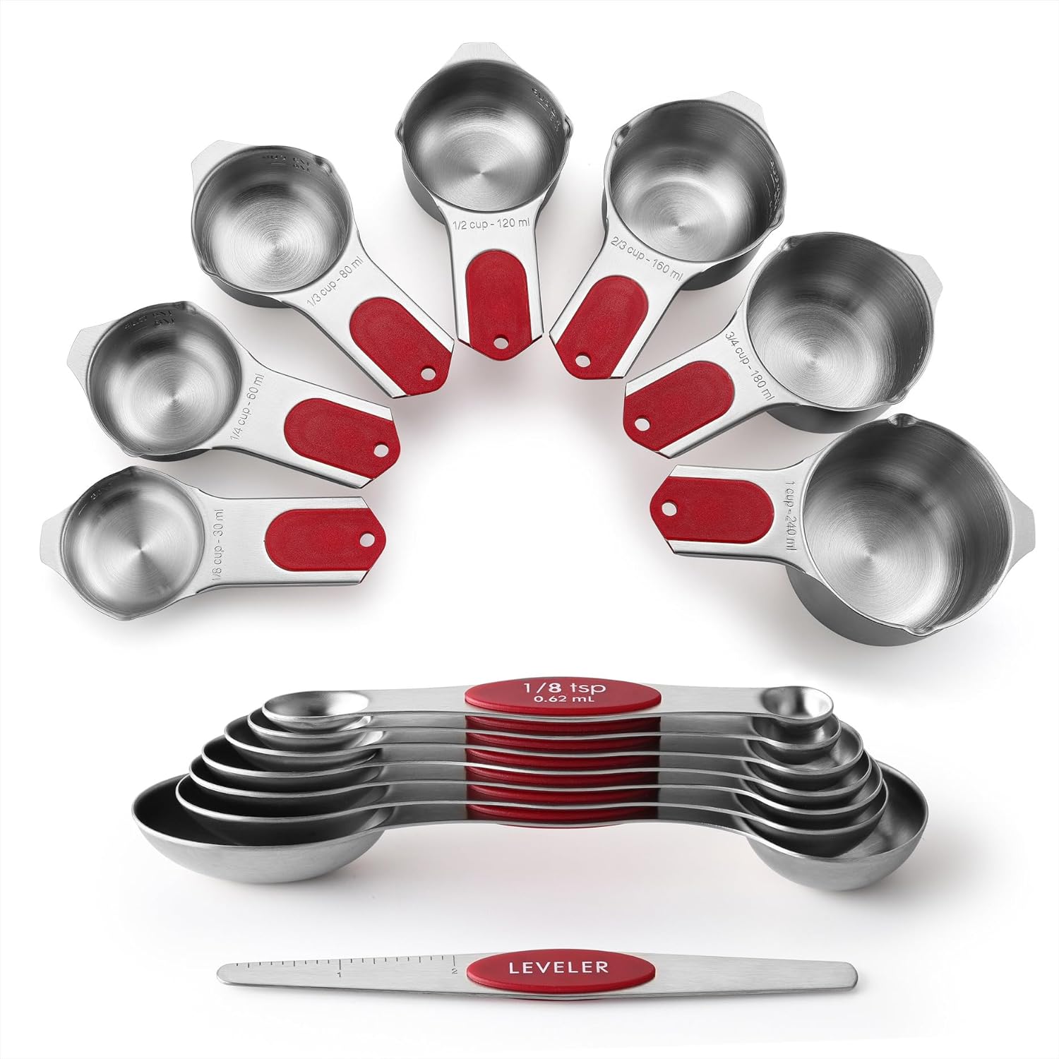 Spring Chef Magnetic Measuring Cups & Spoons Set (Patent Pending), Strong N45 Magnets, Heavy Duty Stainless Steel Fits in Spice Jars for Baking & Cooking, BPA Free, Round Set of 15 with Leveler, Red