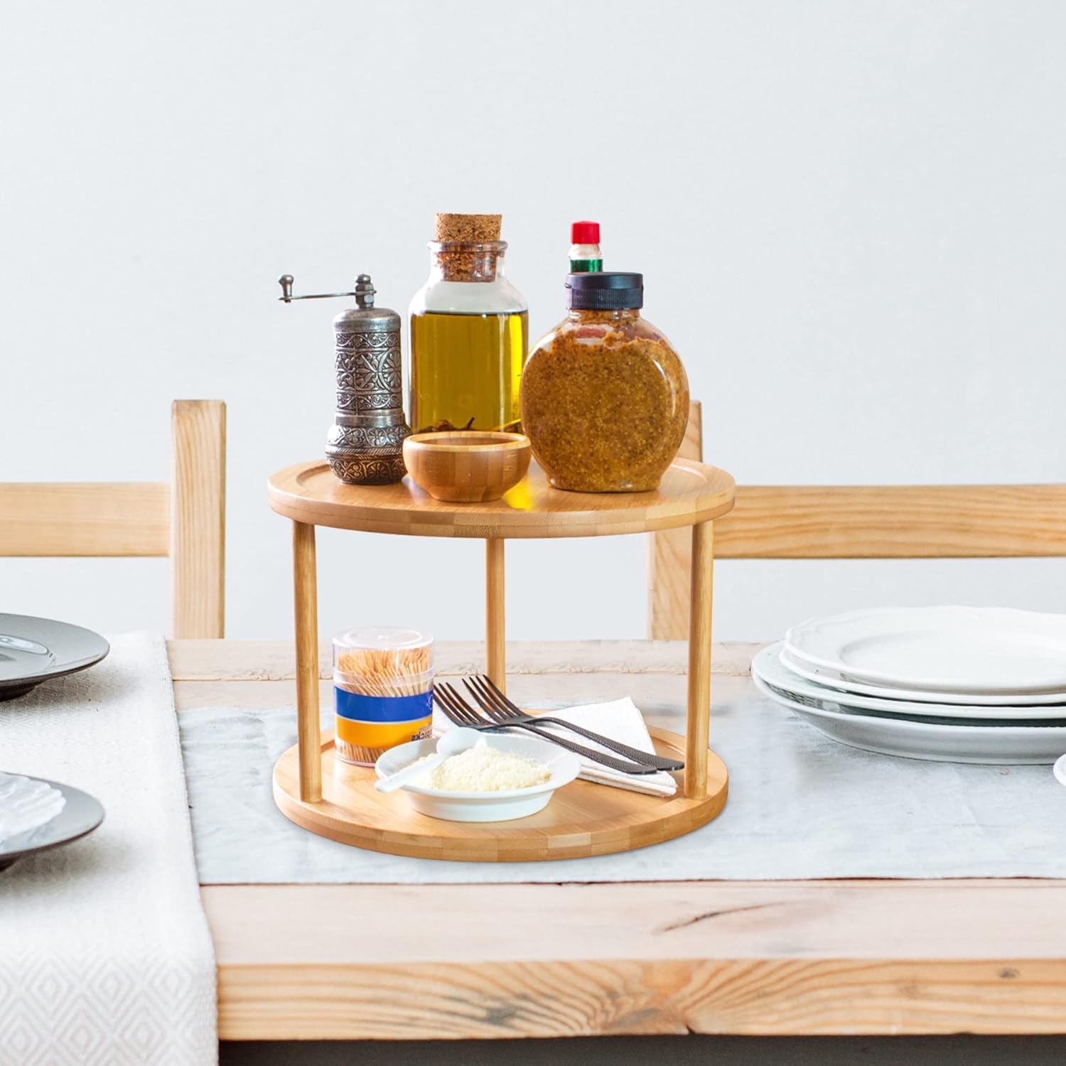 TB Home Two-Tier Bamboo Wood Lazy Susan Organizer Kitchen Turntable for Cabinet, Table or Pantry Organization