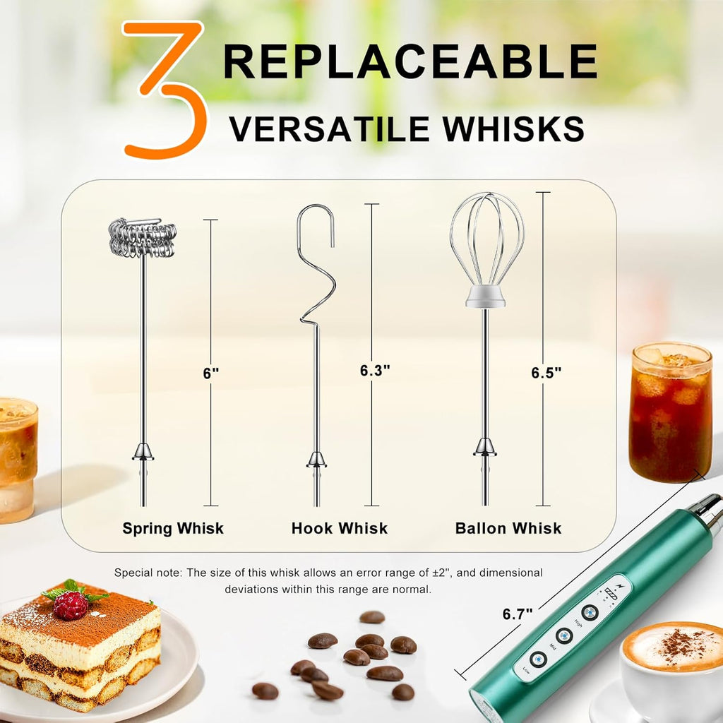 YUSWKO Green Handheld Milk Frother Wand for Coffee, Rechargeable Electric Whisk with 3 Heads 3 Speeds Drink Mixer Coffee Frother For Latte, Cappuccino, Hot Chocolate, Egg