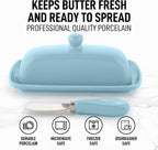 Zulay Butter Dish With Lid For Countertop - Porcelain White, Ceramic Butter Dish with Knob Handle Great for Cooking - Elegant Design Butter Holder - Durable & Sturdy Butter Keeper - Light Blue