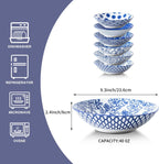 Ceramic Pasta Bowls Set - 40 Oz Porcelain Large Salad Bowls Serving - 9 Inch Wide Shallow Plate Bowls for Eating - Housewarming Wedding Gift - Oven Dishwasher Safe - Set of 6 - Vintage Blue