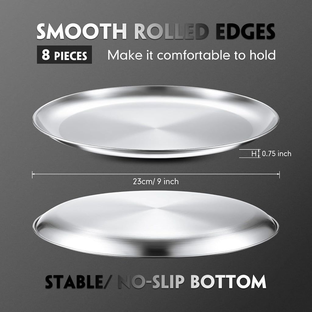 Thenshop 8 Pieces 9 Inch Pizza Pans Bulk Stainless Steel Sets Round Bakeware Pizza Trays for Oven Kitchen Baking Home Restaurant Safe Sturdy Reusable Easy Clean(Silver)