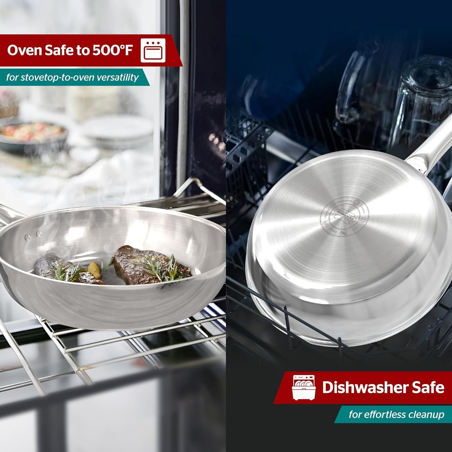 Sunhouse 18/10 8 Inch Stainless Steel Frying Pan, Whole-Clad No Coatings Skillet with Stay-cool Handle for Cooking, Durable & Oven Safe to 500°F, Dishwasher Safe, Compatible with All Cooktops