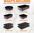 NutriChef 8-Piece Nonstick Stackable Bakeware Set - PFOA, PFOS, PTFE Free Baking Tray Set w/Non-Stick Coating, 450°F Oven Safe, Round Cake, Loaf, Muffin, Wide/Square Pans, Cookie Sheet (Plum)