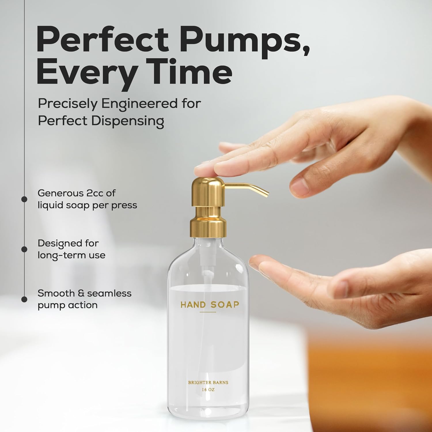 Luxury Glass Soap Dispenser Set by Brighter Barns - Hand and Dish Soap Dispenser for Kitchen Sink - Refillable Glass Bottles with Stainless Steel Pumps - Modern Gold Kitchen Decor & Accessories (Gold)