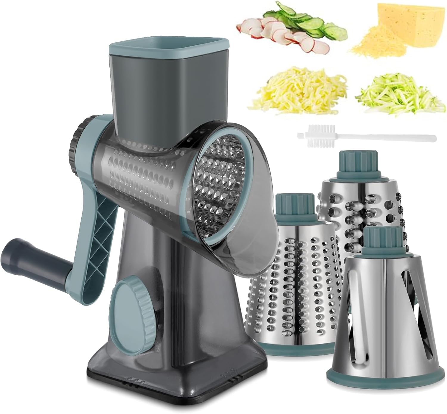 Cheese Grater Hand Crank Rotary Vegetables Shredder with Handle, 3-in-1 Graters with Interchangeable Blades and Strong Suction Base Multifunctional Slicer for Kitchen