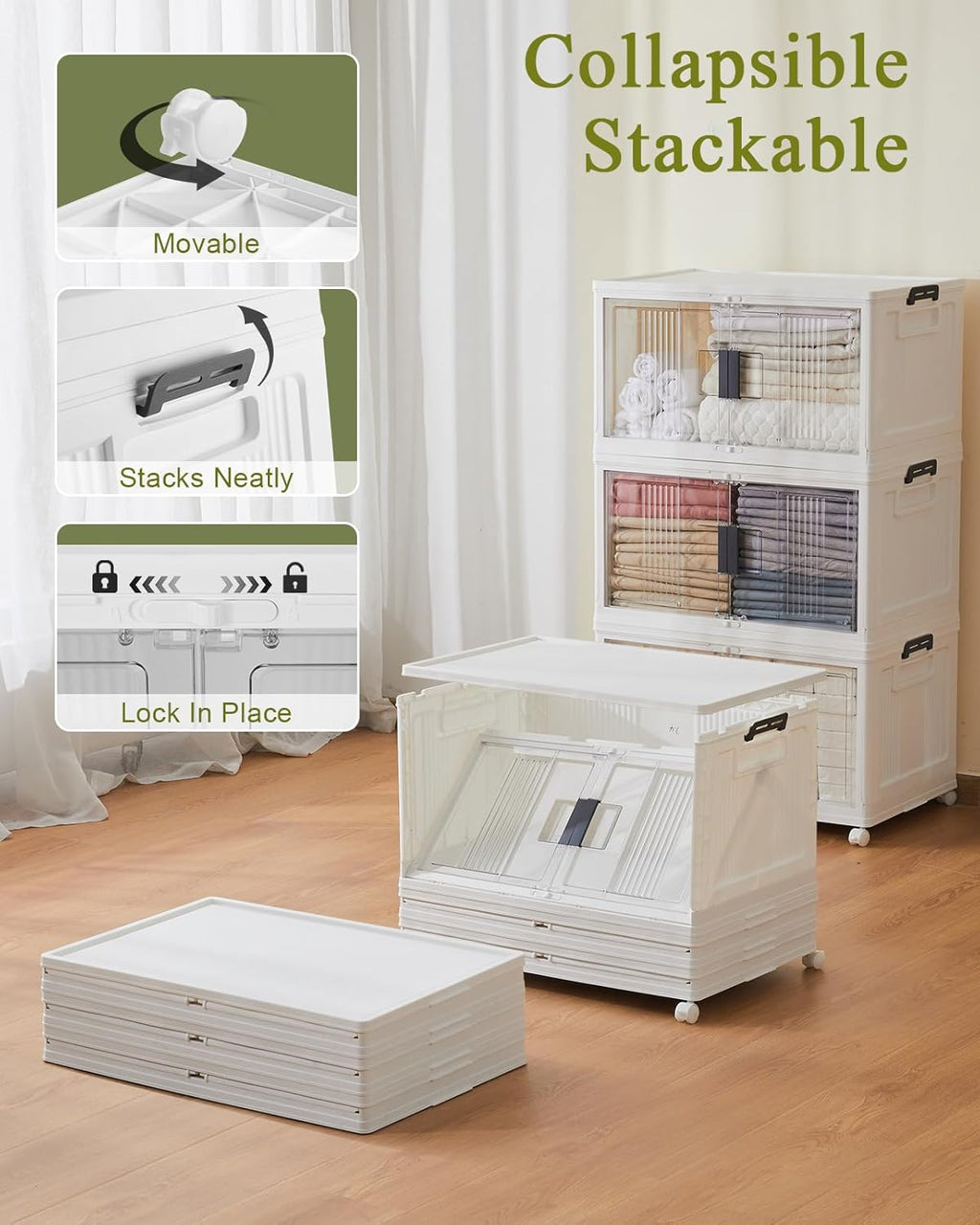 OlarHike 76QT Lockable Storage Bins with Lids - Folding Storage box with Doors and Wheels, Collapsible Plastic Bins for Closets, Stackable Organizer and Containers, Christmas Gifts, 3 Pack Cubes