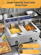 FOHERE Commercial Deep Fryer with Basket and Lid, 23.3Qt/22L Electric Deep Fryer with Oil Filtration, Time & Temp Control, 3000W Stainless Steel Deep Fryer Countertop for Kitchen Restaurant