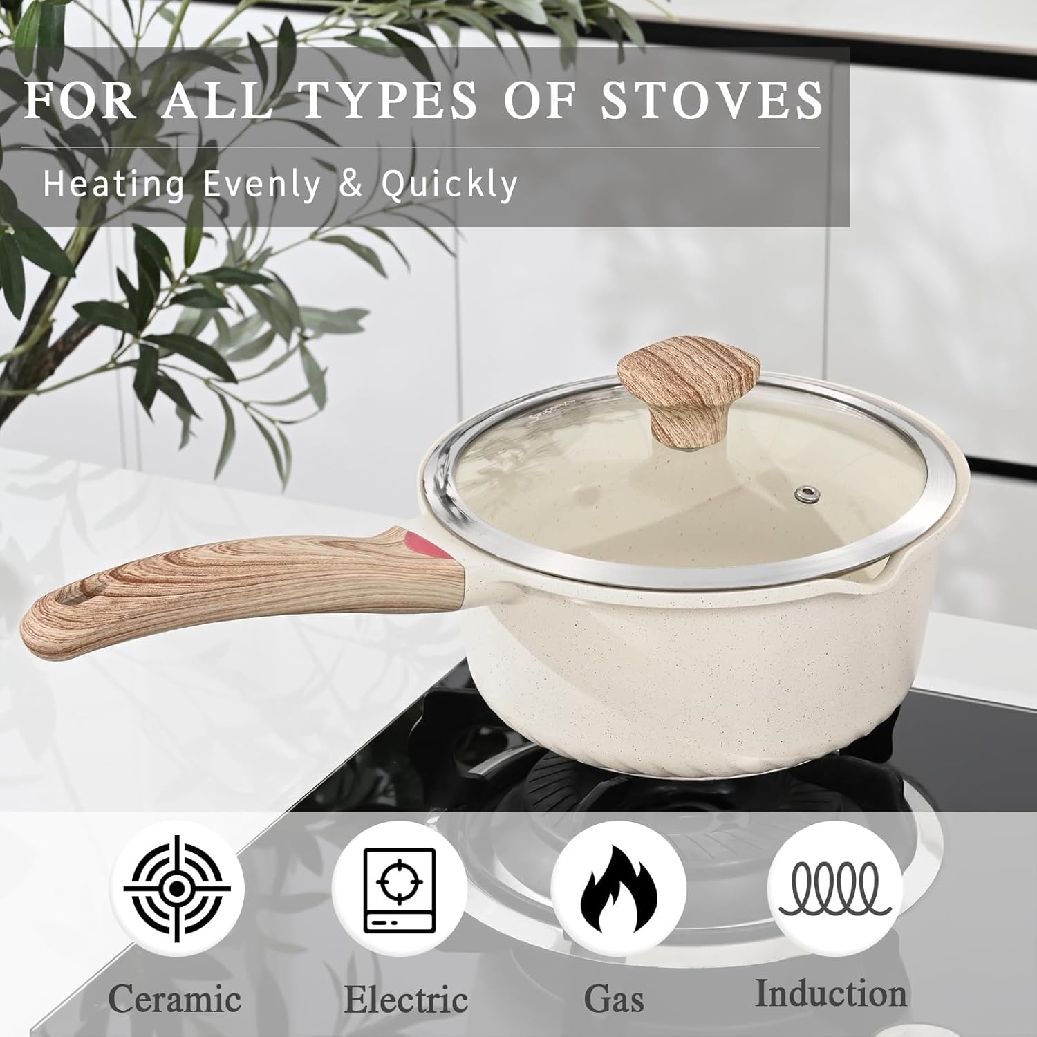 VINCHEF Nonstick Saucepan with Lid, 3QT Sauce Pan with Stay Cool Handle, Non Stick Small Cooking Pots Induction pot, Dishwasher Safe, Compatible for All Stove Top, PFAS and PFOA Free White