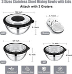E-far Mixing Bowls with Lids and Graters, Stainless Steel Salad Mixing Bowl with Transparent Lid Set of 3, Metal Nesting Salad Storage for Kitchen Prepping/Serving/Baking, 4.6/2.6/1.5QT - Black