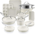 Gotham Steel Hammered 15Pcs Ceramic Cookware Set Nonstick, Induction Pots and Pans Set Non Stick with Bakeware Set & Steamer for Cooking, Non Toxic PFOA PFOS Free, Oven & Dishwasher Safe, Cream White