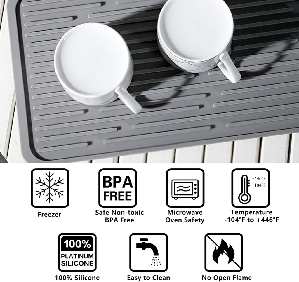 Dish Mat Silicone Dish Drying Mats Works For Drying Stemware Cocktail Glasses Silverware Pots Pans Knives and Dish Rack for Kitchen Counter Sink Bar Pads Easy to Clean (Gray)