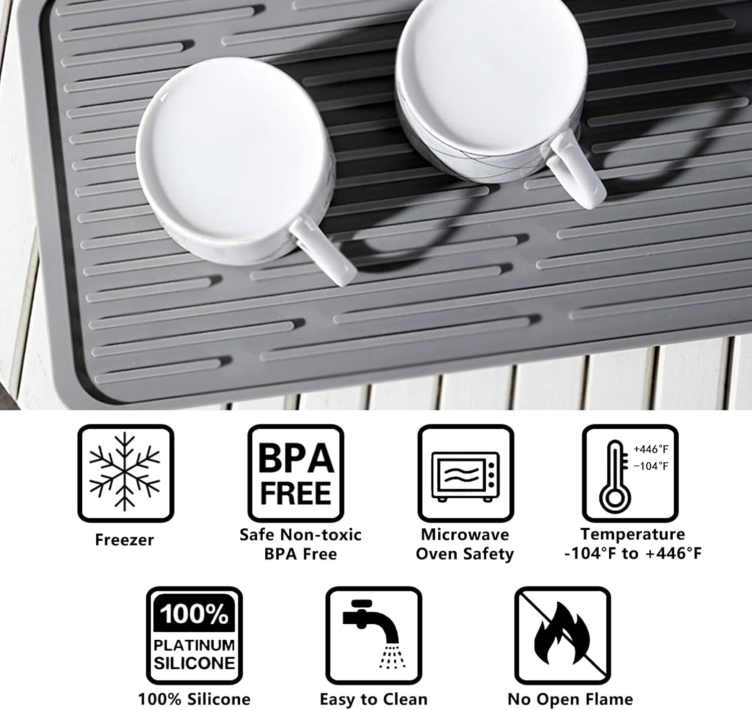 Dish Mat Silicone Dish Drying Mats Works For Drying Stemware Cocktail Glasses Silverware Pots Pans Knives and Dish Rack for Kitchen Counter Sink Bar Pads Easy to Clean (Gray)