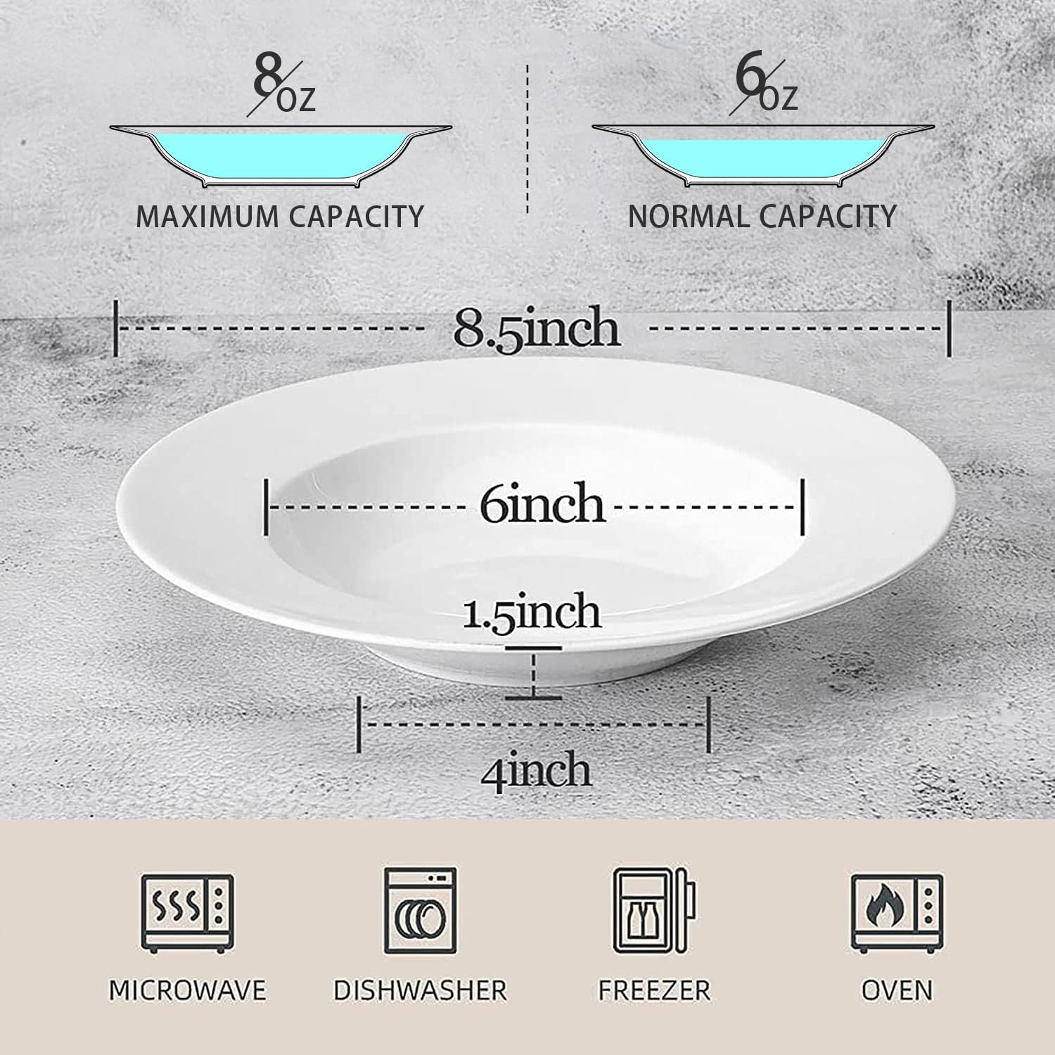 Artena 8 Ounces Pasta Bowls Set of 4, 8.5 inch Soup Bowls, Advanced Porcelain Salad Bowl, Wide Rim Pasta Plates, Shallow Bowls for Kitchen, Rimmed White Plates and Bowls Set, Microwave Oven Safe