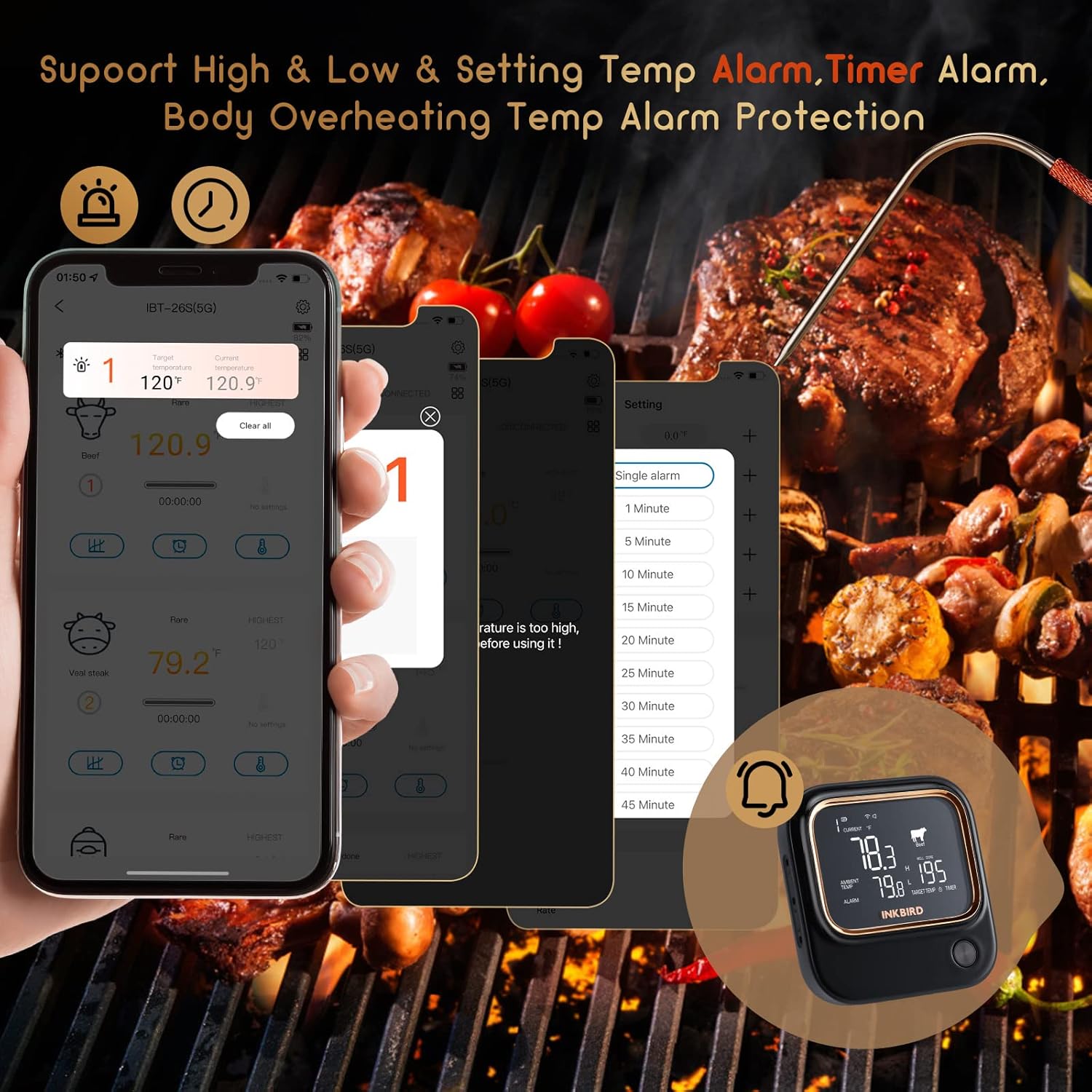 5GHz WiFi & Bluetooth 5.1 Meat Thermometer, Inkbird WiFi Grill Meat Thermometer for Grilling Smoker BBQ Cooking with 4 Probes, IBT-26S Wireless APP Control, Alarm Timer, Backlit LCD, Rechargeable