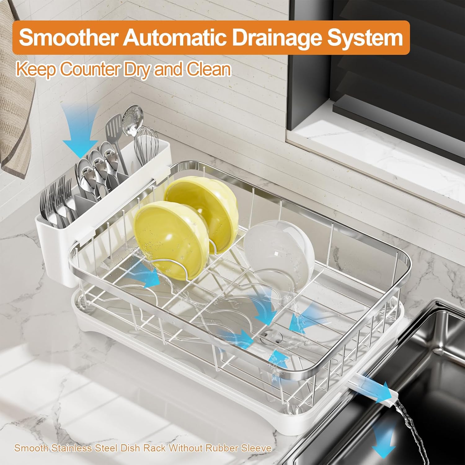 Stainless Steel Dish Drying Rack – 304 Grade Dish Racks for Kitchen Counter with Utensil Holder & Adjustable Spout, Space-Saving Organizer, 16.5" x 11.8" x 5.3" White