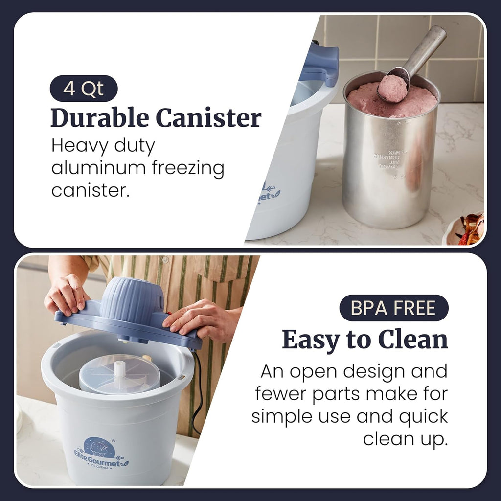 Elite Gourmet 4Qt Electric Ice Cream Maker EIM350X Delicious Homemade Ice Cream, Gelato, Sorbet, Frozen Yogurt, 4Qt Aluminum Freezing Cannister, Durable Plastic Ice Bucket, Powerful 50W, Periwinkle