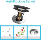 Universal Bathroom Sink Stopper in Brass, 1.04-1.97 Inch Pop Up Basin Sink Drain Stopper, Sink Drain Strainer with Anti Clogging Filter Hair Catcher, Large Lid Black