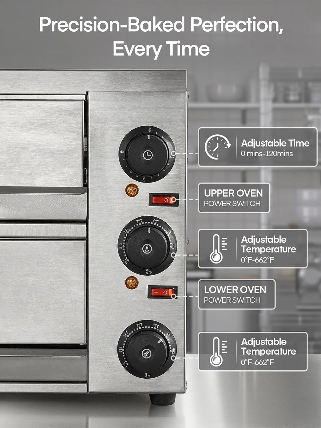 Commercial Pizza Oven, 12 Inch Countertop Pizza Ovens with 662°F Max Temp, 2-Layer Electric Pizza Cooker with Alert Timer, 1700W Stainless Steel Pizza-Maker Machine, for Restaurant,Home, Party, Silver