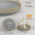 12" Wooden Lazy Susan Turntable for Cabinet – Roud Rotating Spice Rack Organizer, Gray Kitchen Countertop Tray for Dining Table & Pantry Storage （Gray & Gold）