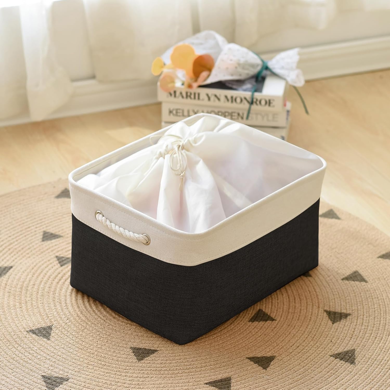 TheWarmHome Organization and Storage Basket for Organizing - Jumbo 3 Pack 17.7x13.8x9.7 inch Fabric Storage Cubes for Closet Gifts Organizer Empty Book (White & Black)