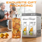 2 Liters/68oz 2 Pack Stripes Glass Pitcher with Lid and Handle for Bridge Door, Aofmee Borosilicate Glass Heat Resistant Dishwasher Safe Iced Tea Jar, Carafe with Scale Line for Hot/Cold Beverage