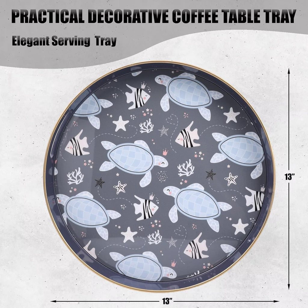 Spsyrine Decorative Serving Tray with Handles, Lacquered Coffee Table Tray for Ottoman, Round Waterproof Platters for Centerpieces, Parties, Living Room, Kitchen Counter Organization Turtle