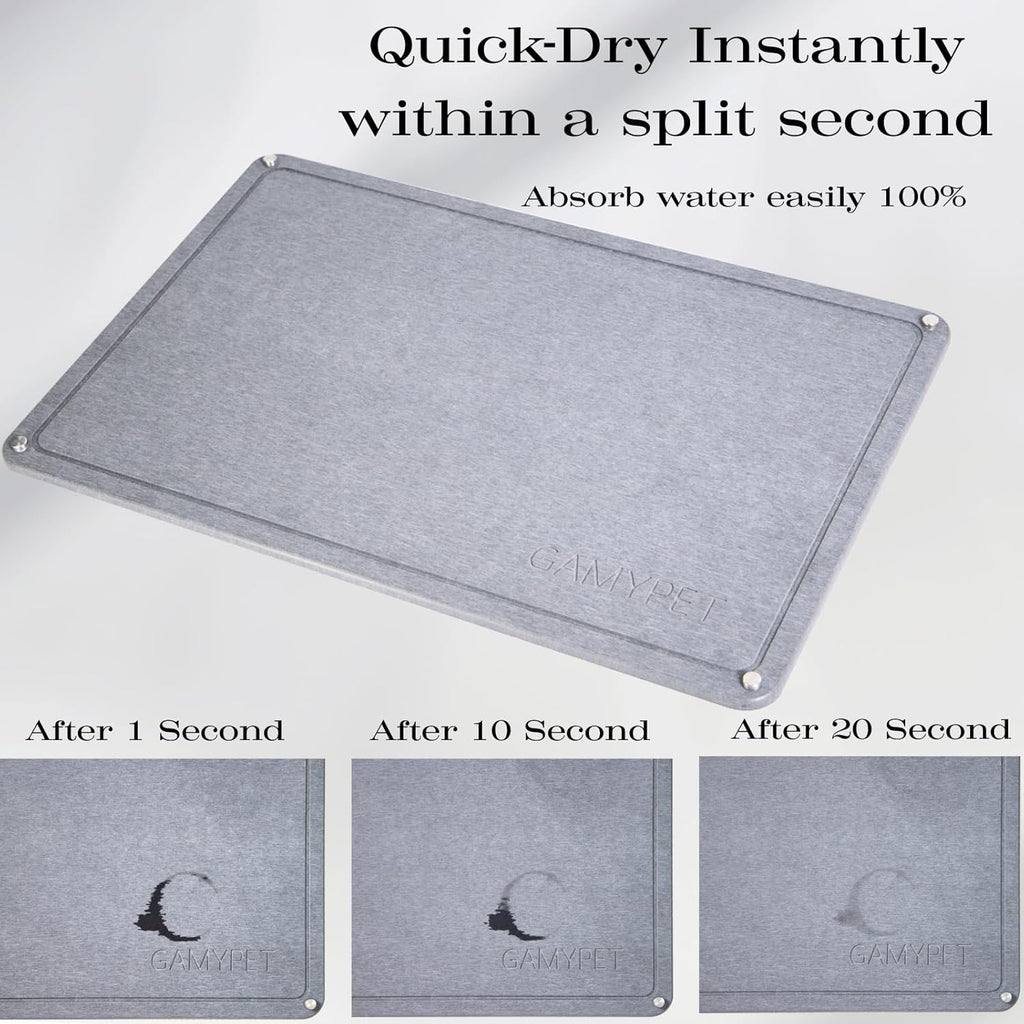 Stone Dish Drying Mat 24"×16" Large Diatomaceous Earth Dishes Quick Dry Pad for Kitchen Counter with Heighten Stainless Steel Feet, Fits Various Countertops & Drain Bowl Racks, Dark Gray