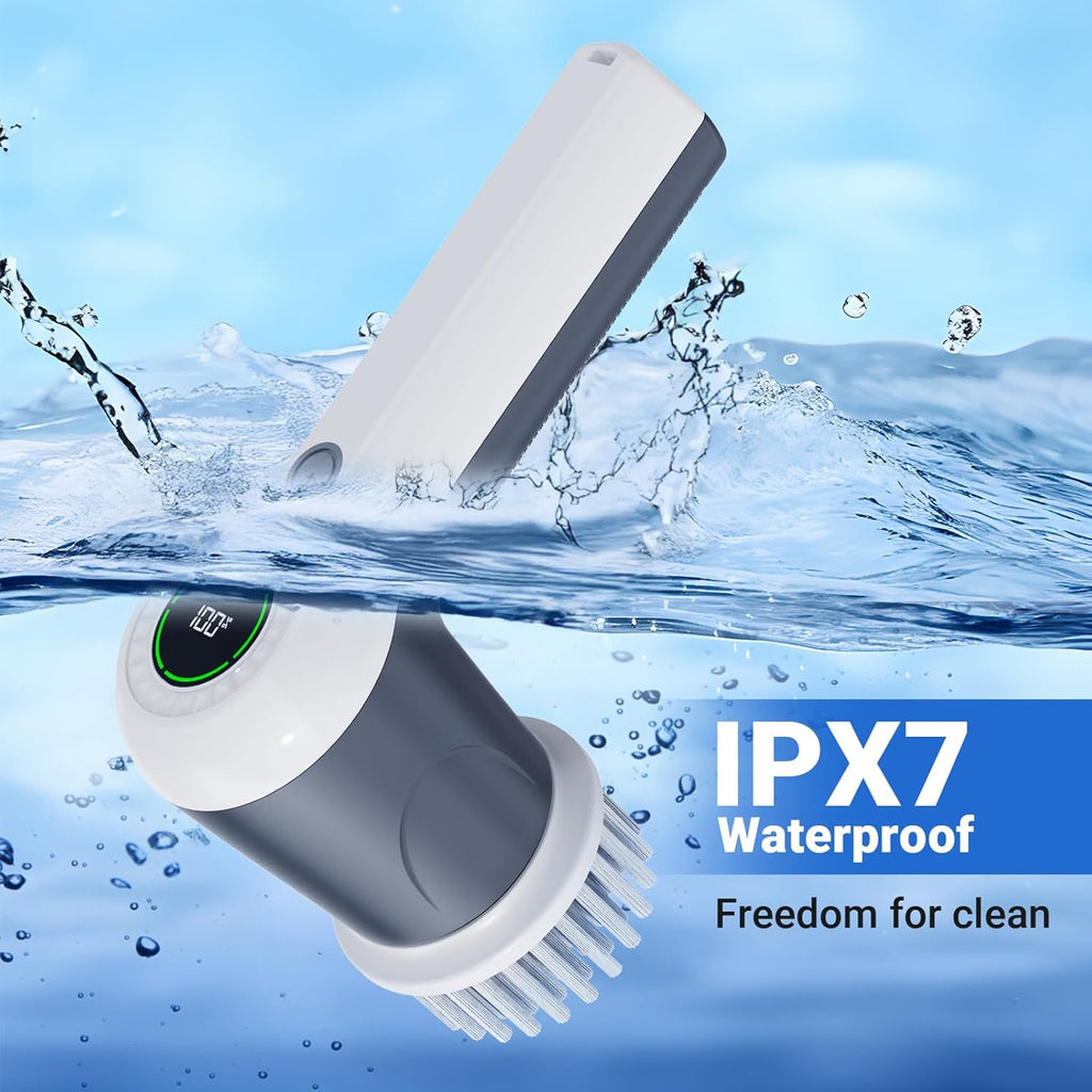 Electric Spin Scrubber, Cordless Shower Scrubber with Battery Level Display, 2 Speeds Electric Scrubber for Cleaning with 6 Replaceable Heads, Cleaning Brush for Bathroom/Sink/Window (Gray)