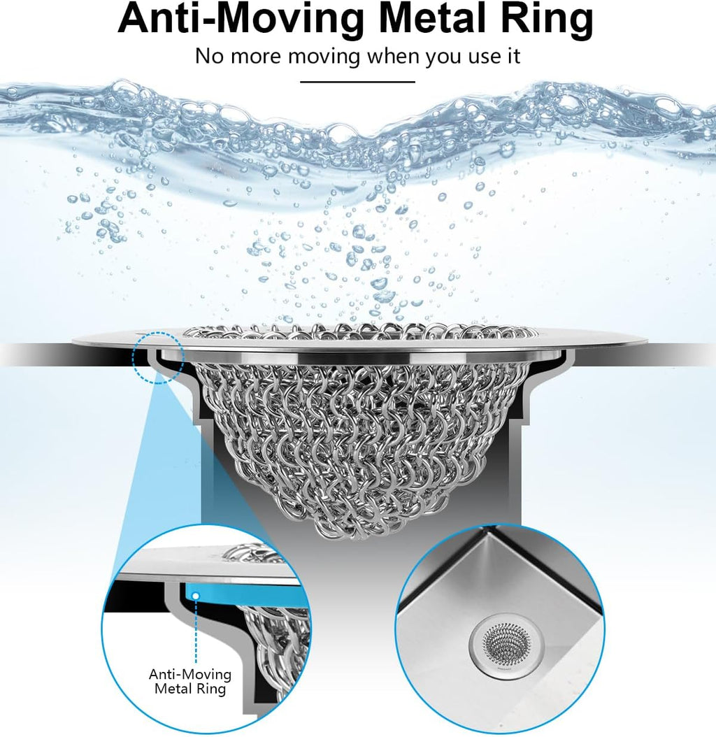 Sink Drain Strainer: Anti-Slip Flexible Chainlink, 304 Stainless Steel. Upgraded Clog-Free Kitchen Version, Easy-Clean Catcher for Garbage Disposal