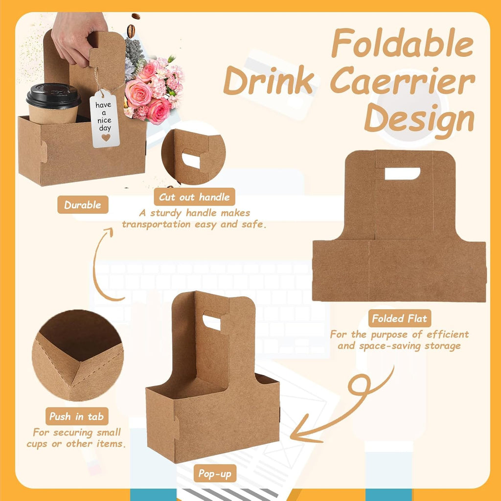 10 Pack 2 Cup Disposable Drink Carrier with Handle Paperboard Coffee Cup Holder Portable for Hot Cold Drinks Food Delivery Services with Heart Card for Teacher Appreciation Week Mother's Day